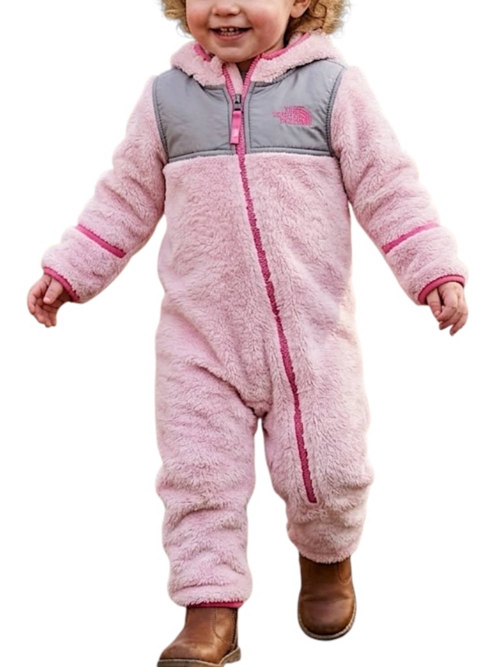 The North Face pink grey hooded fleece full zip one piece bunting bag 18-24M